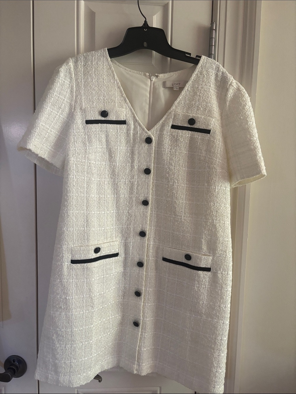 LOFT Crean Tweed Button-Front Dress with Black Trim